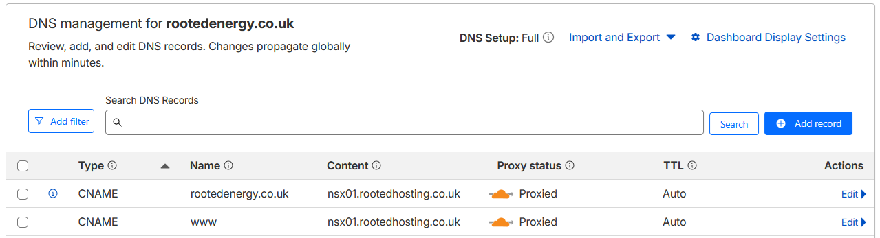 Cloudflare cname settings for rootedhosting