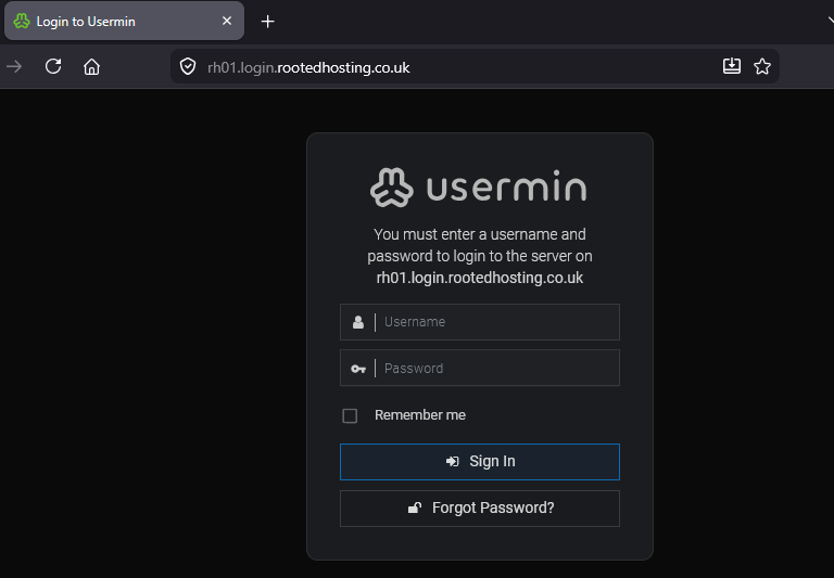 Domain and Usermin login presented.