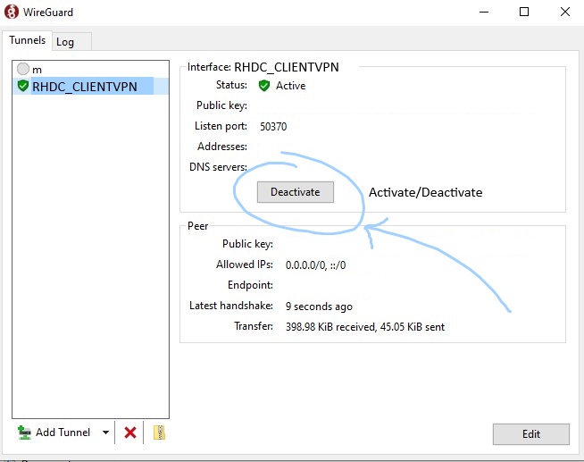 WireGuard app window showing 'ROOTEDHOSTING_CLIENTVPN-PG-01' tunnel. Status: Active. Interface and Peer details displayed with Deactivate and Add Tunnel buttons.